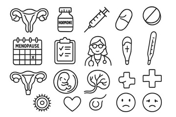 Menopause Symbols Doodle. Hand-drawn doodle illustration ovaries menopause ovaries, hormone vial, syringe, pill, calendar,