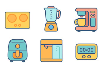 Modern Kitchen Icons. Flat vector mini-illustrations modern kitchen in colors children's illustrations: induction stove, smart