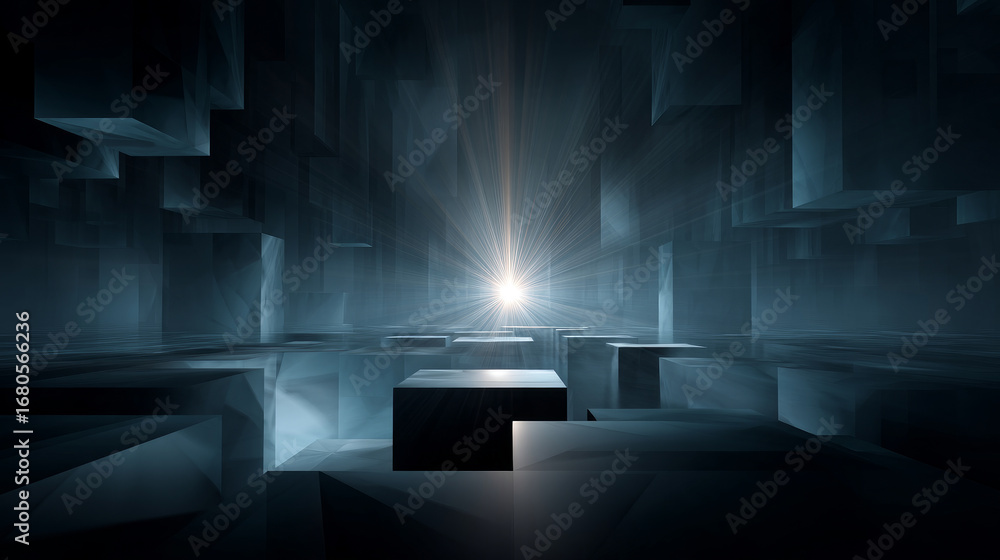 Fototapete dark, empty world minimalistic virtual futuristic reality with geometric shapes and floating structu