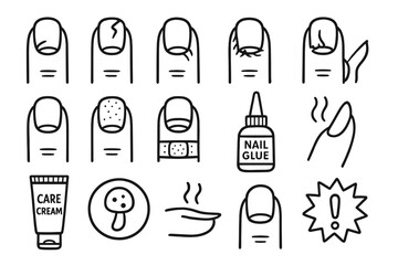 Nail Care Issues Icons. Hand-drawn doodle illustration damaged nails cracked nail, chipped polish, hangnail, dry cuticle, broken