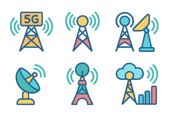 5G Tower Innovations. Flat vector mini-illustrations radio tower innovation in colors children's illustrations: 5G tower, digital