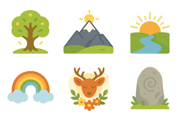 Nature's Sacred Icons. Flat vector mini-illustrations hallowed nature in colors children's illustrations: sacred tree, mountain