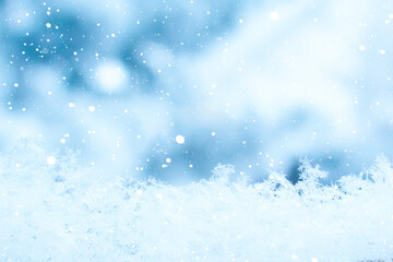 Winter fairy tale: snowy scene with falling snowflakes and soft lighting.