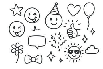Playful Doodle Icons. Hand-drawn doodle illustration winking fun faces wink eye, tongue out, smile, sunglasses, star, heart,
