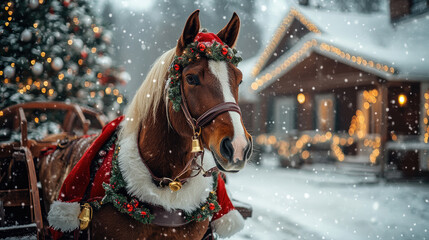 Thoroughbred horse wearing festive reindeer costume, adorned with jingling bells, standing in snow-covered landscape near decorated holiday home and Christmas tree
