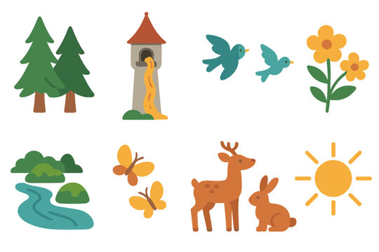 Rapunzel's Tower Haven. Flat vector mini-illustrations Rapunzel nature around tower in colors children's illustrations: tall trees