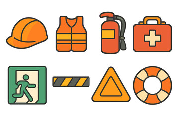 Safety Symbols Grid. Flat vector mini-illustrations safety symbols in colors children's illustrations: helmet, safety vest, fire