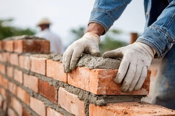 A worker's gloved hands carefully laying red bricks with mortar, building a wall, with another person in the blurred background.