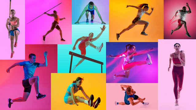 Dynamic collage of track and field athletes in motion with vibrant neon backgrounds. Concept of sports energy, competition, performance, training, and modern fitness culture.
