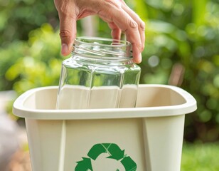 A hand recycling a glass jar into a recycling bin to help protect our environment.