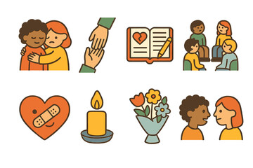 Symbols of Healing. Flat vector mini-illustrations coping with loss in colors children's illustrations: comforting hug, helping