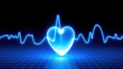 A glowing blue heart with a heartbeat line on a blue grid against a black background design concept