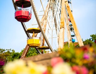 Ferris wheel with colorful gondolas against a bright sky, partially obscured by blurred flowers in the foreground