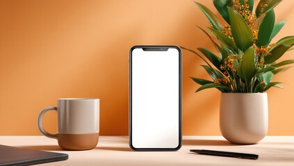 Minimalist workspace mockup with smartphone, coffee cup, plant, and pen
