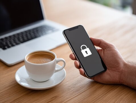 A person holds a smartphone displaying a security padlock icon next to a laptop and a coffee cup on a wooden table, emphasizing digital protection. - Powered by Adobe