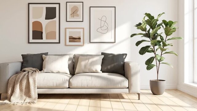 Bright Minimalist Interior with Light Grey Sofa Assorted Framed Art and Fiddle Leaf Fig Tree beside Window Casting Natural Light on Light Wood Flooring Creating Cozy and Stylish Living Space