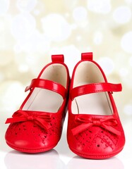 Red children's shoes on a blurred background