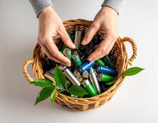 Hands carefully selecting and sorting used batteries in a woven basket, ready for recycling.