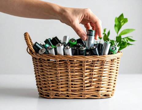 A hand selects a used battery from a basket filled with various types.