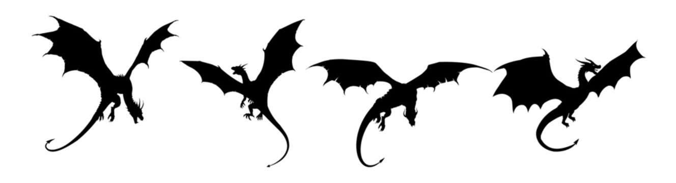 Flying dragon silhouette set - vector illustration