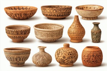 Collection of terracotta pottery with intricate designs