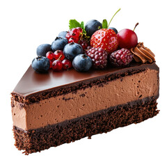 Delicious chocolate cake slice topped with fresh berries perfect for dessert lovers and sweet indulgence moments on transparent background