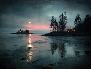 Coastal scene at dawn, tranquil and reflective