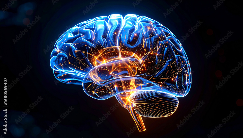 Poster illuminating the mind: a luminous representation of a human brain, showcasing intricate neural pathw