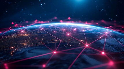 Abstract Digital Representation of Earth at Night, Magenta Glowing Network, Starry Dark Blue Background