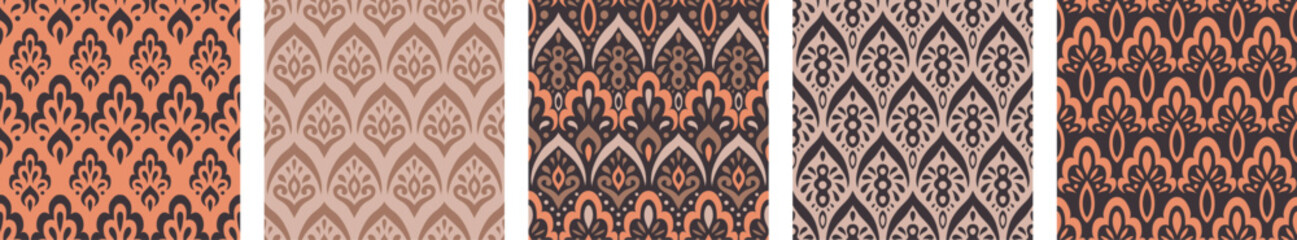 Collection of Moroccan style seamless pattern. Creative mediterranean interior design. Ethnic ornament swatch set. Azulejos tiles vector illustration. Modern Spanish talavera.