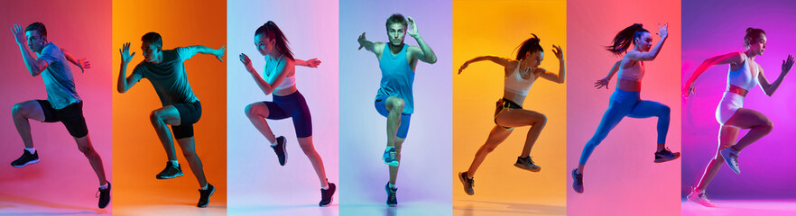 Mixed five athletes in motion collage with neon studio lighting effects. Concept of strength,...