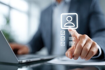 Businessman interacts with a digital profile and checklist overlay