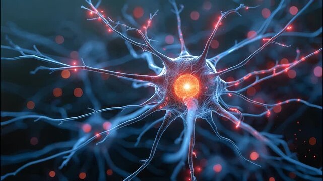 Highly detailed 3D render of human brain neuron network, glowing synapses and nerve cell connections in abstract scientific background for neurology, medicine, AI, and biotechnology concept