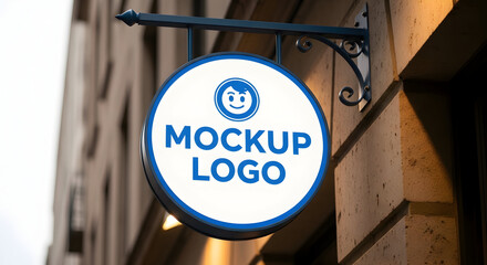 Close-up of a round, illuminated shop sign with a mockup logo, hanging from a building exterior.