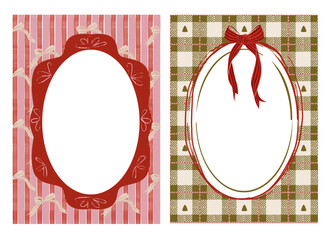 Fototapeta na wymiar Set of cozy Christmas photo frames with red bows and festive backgrounds — plaid and striped. Ideal for holiday cards, invitations, printable decor, and gift tags.