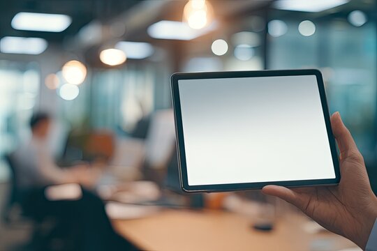 Hand holding tablet with blank screen, blurred office background