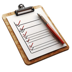 Clipboard with checklist and red pen showing completed tasks symbolizing organization productivity and successful project management on transparent background
