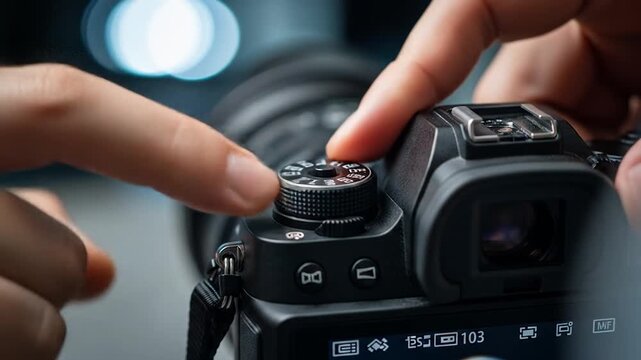 Hands Adjusting Professional Digital Camera Settings for Photography