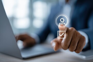 A person's finger presses a digital profile icon with a checkmark, symbolizing verification or selection