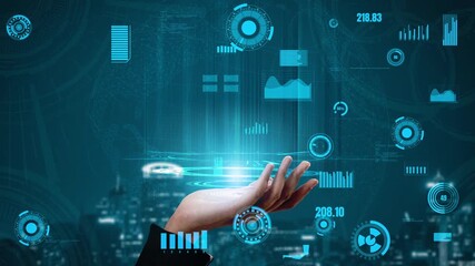 A hand holds a glowing holographic display, representing the convergence of technology and data analytics in a bustling urban landscape, embodying modern innovation. Xenic - Powered by Adobe