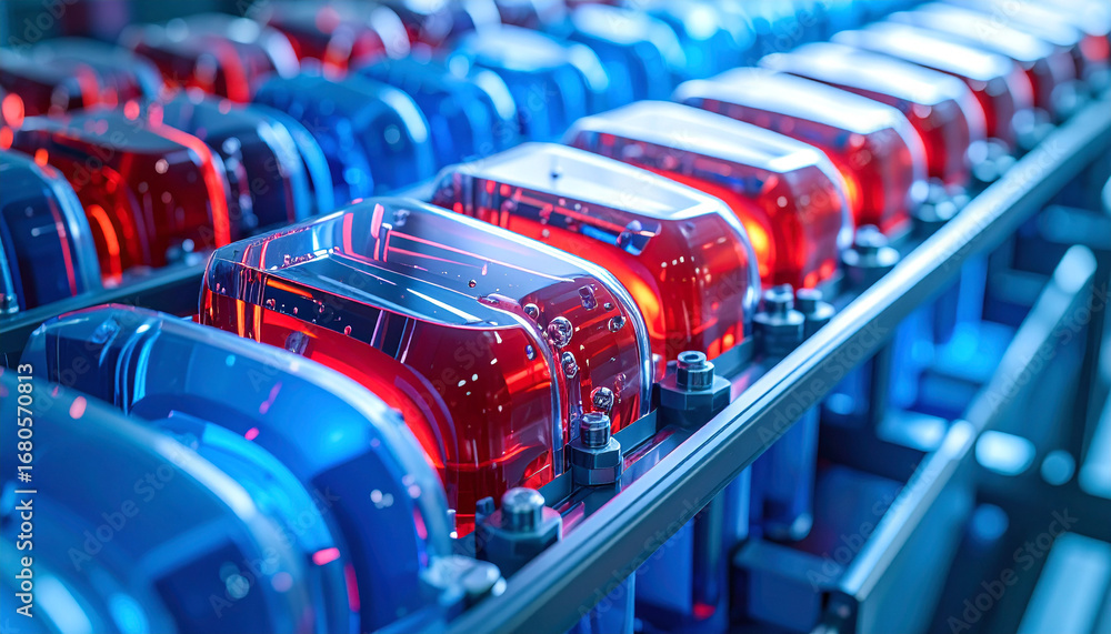 Poster illuminated factory components: an industrial close-up showcases an array of vibrant, illuminated co