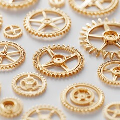 Golden gears scattered on a white background