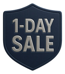 Dark blue shield sticker with 1-DAY SALE announcement in metallic lettering, engaging retail discount offer on transparent background.