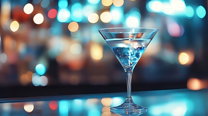 Transparent Martini Glass with Light Blue Liquid, Reflective Surface, Bokeh of Yellow/Orange/Red/Blue Lights