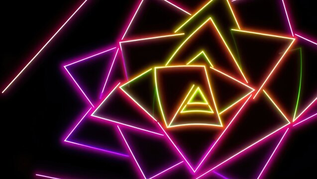 Abstract neon triangles arranged in a geometric pattern with black background and bright colorful lines