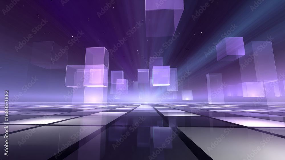 Poster dark, empty world minimalistic virtual futuristic reality with geometric shapes and floating structu