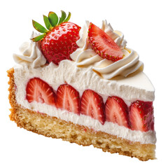 Delicious strawberry cake slice with fresh cream and ripe strawberries perfect for dessert lovers and sweet treat enthusiasts a tempting bakery delight on transparent background