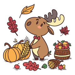 Playful Cheerful Moose design, styled with wearing a bowtie and Harvest Blessings shades in a Thanksgiving setting
