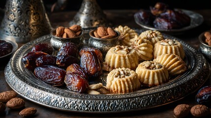 Fototapeta premium Maamoul and dates on decorative tray.
