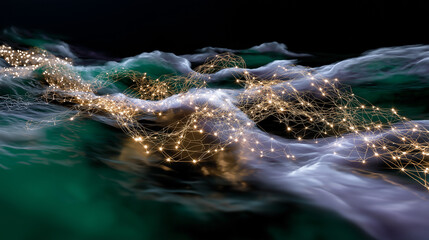 A dynamic shot of figures moving with the rhythm of the waves, their thread connection glowing brightly in contrast.